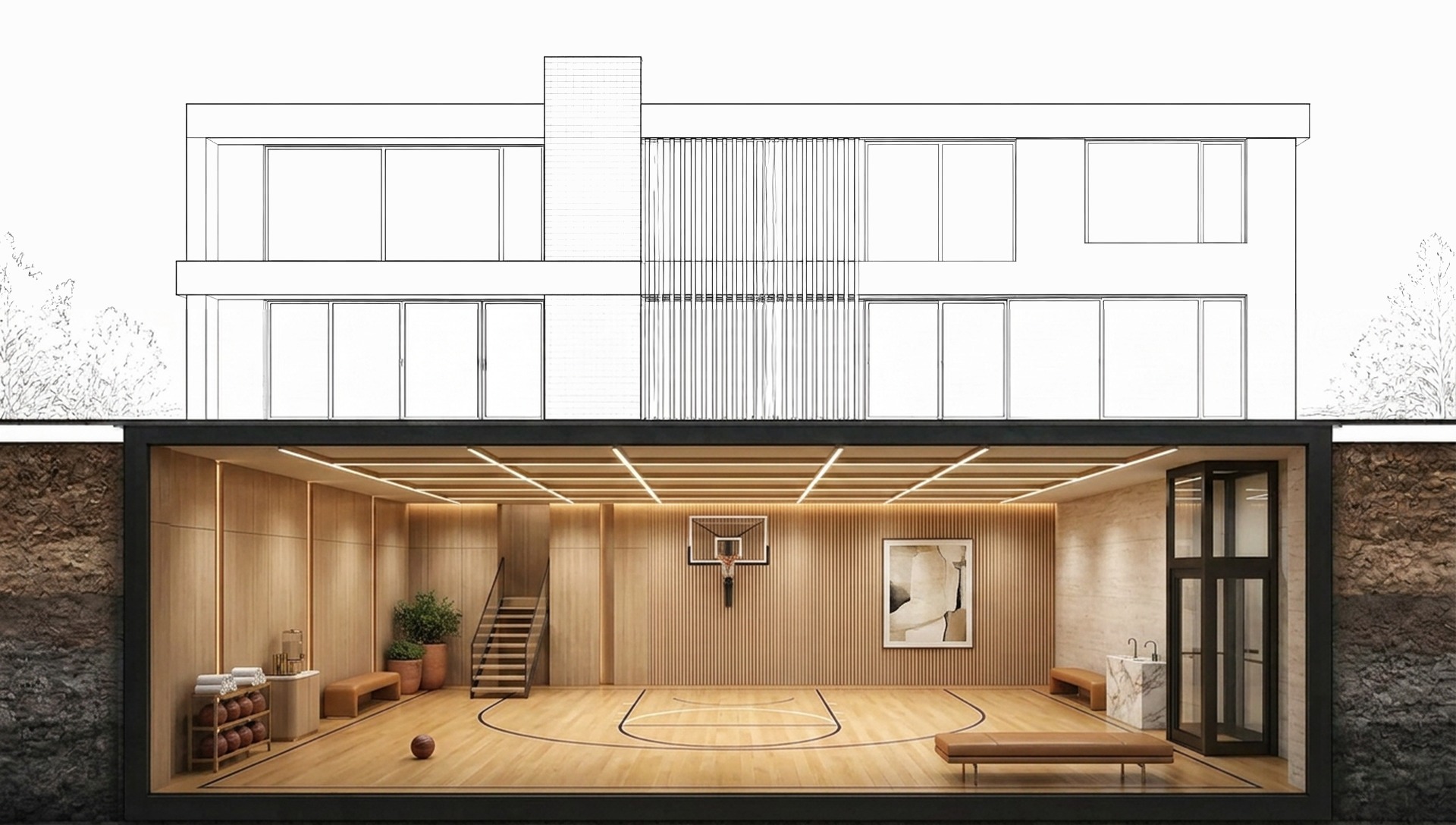 Basketball Court — architectural cross-section beneath a modern Melbourne home