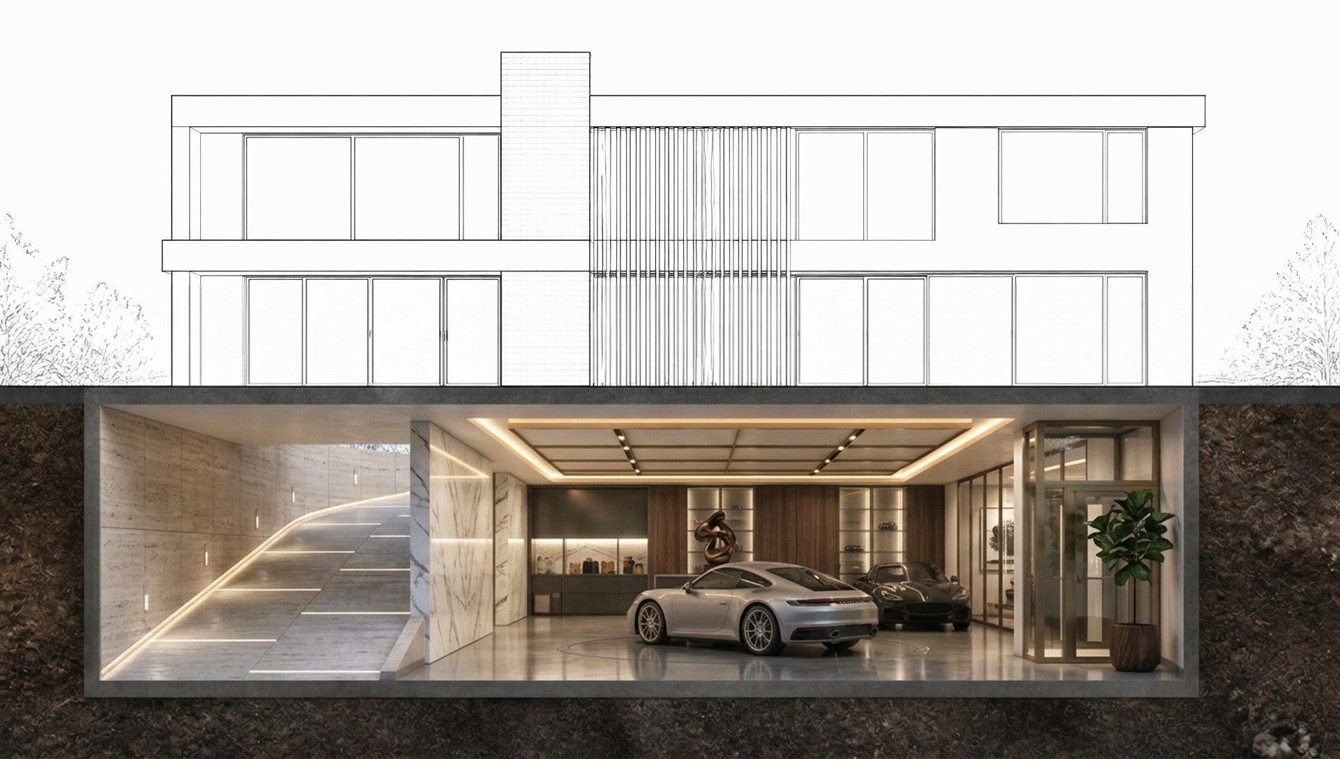 Underground Garage — architectural cross-section beneath a modern Melbourne home
