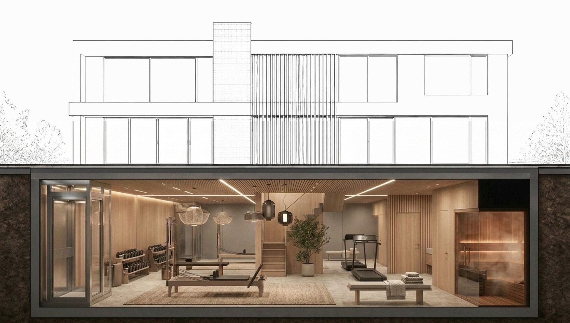 Private Gym — architectural cross-section beneath a modern Melbourne home
