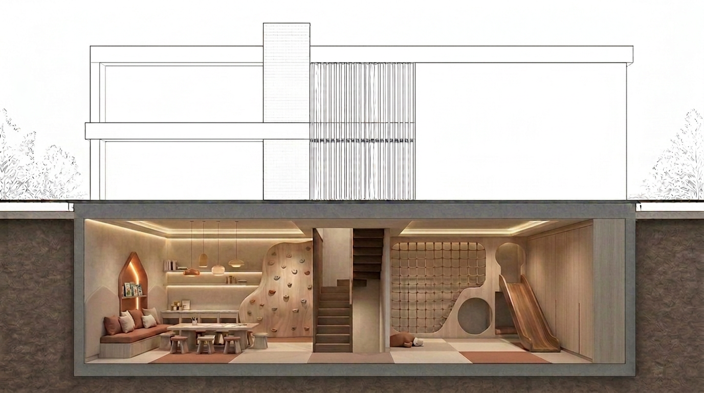 Children's Playroom — architectural cross-section beneath a modern Melbourne home