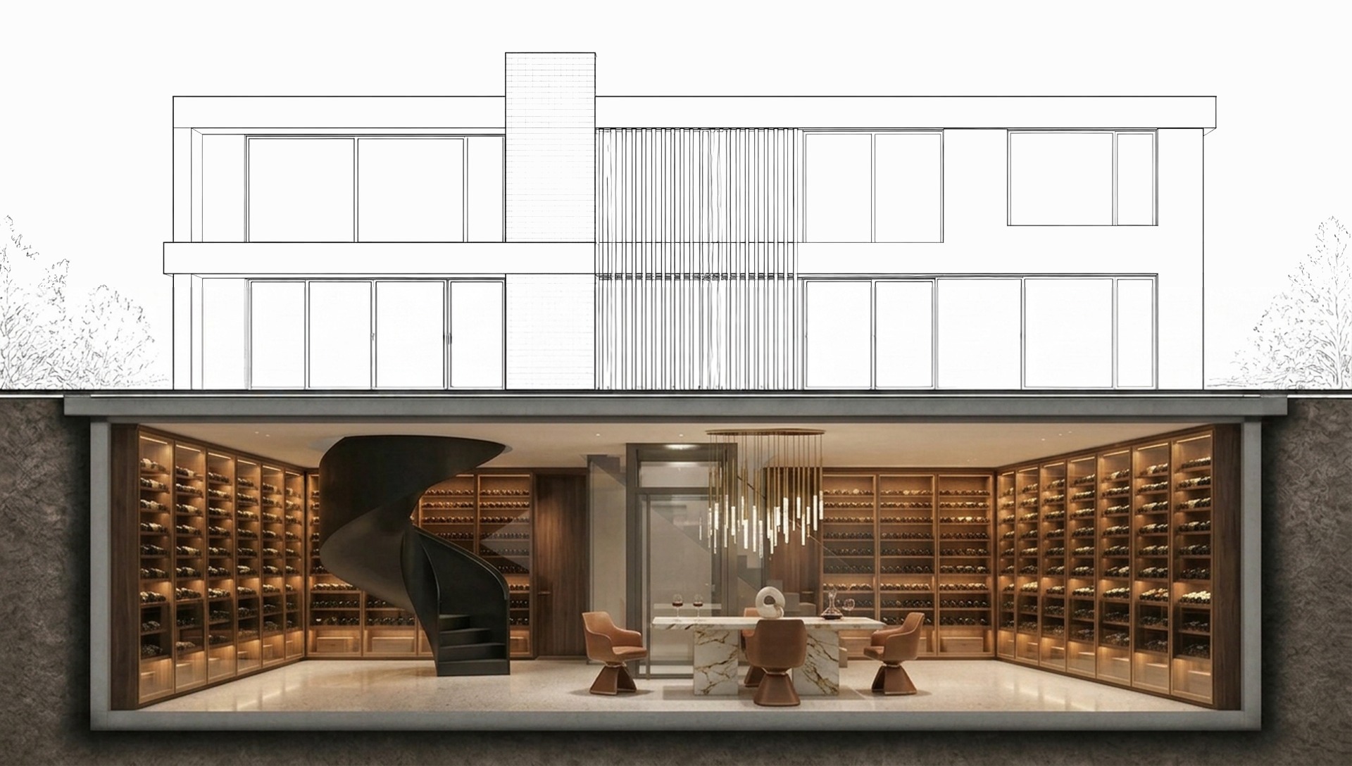 Wine Cellar — architectural cross-section beneath a modern Melbourne home